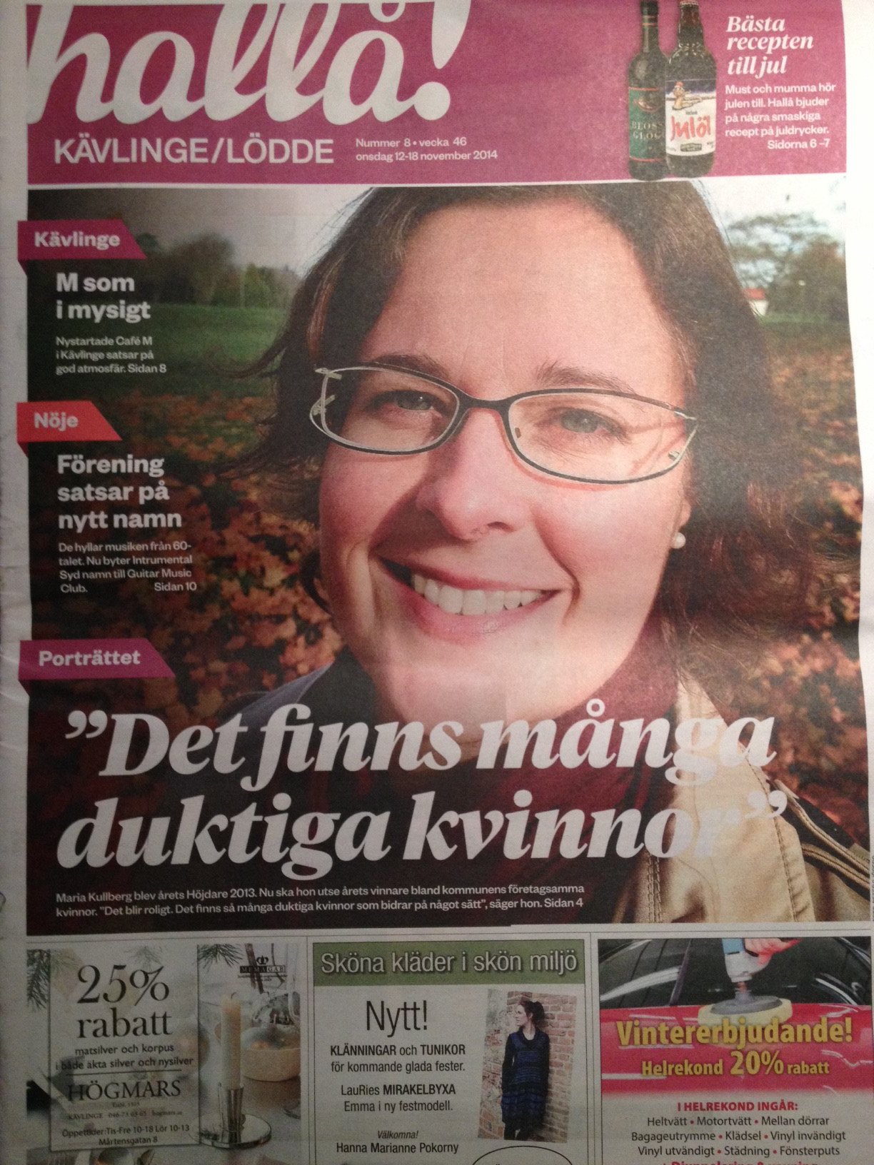 Maria Kullberg på framsidan till Sydsvenskans tidning Hallå 20141112
